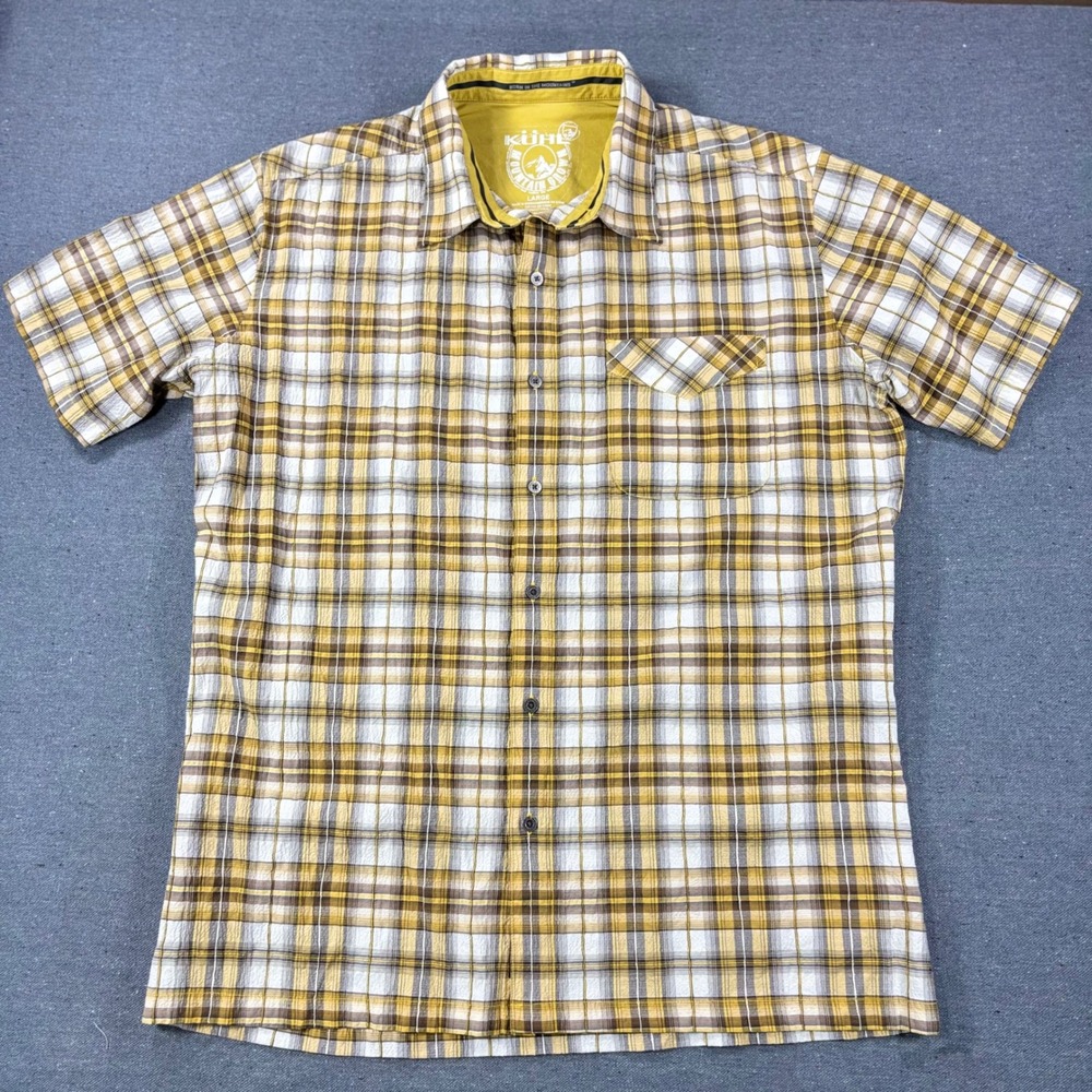 KUHL Button Up Shirt Mens Large Yellow Plaid Short Sleeve Outdoor Seersucker L